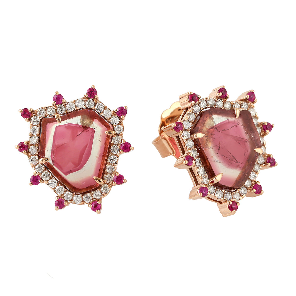 Watermelon Tourmaline & Ruby Pave Diamond Halo Stud Earrings in 18K Rose Gold