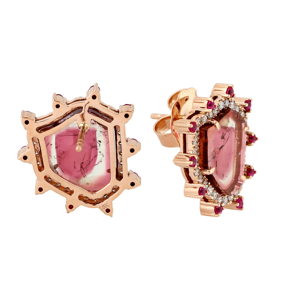 Watermelon Tourmaline & Ruby Pave Diamond Halo Stud Earrings in 18K Rose Gold