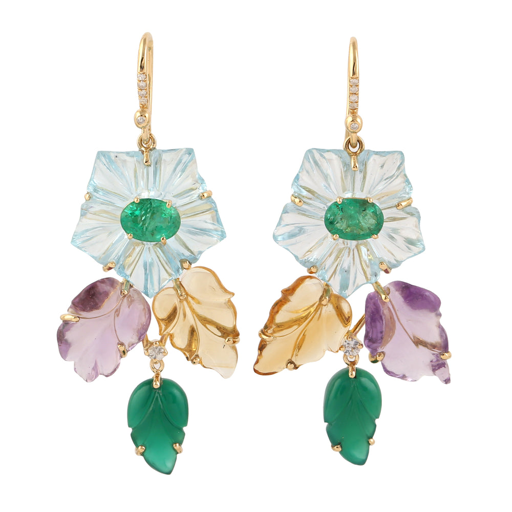 Hand Carved Mix Stone Emerald Sapphire Diamond Leaf Floral 18k Yellow Gold Danglers