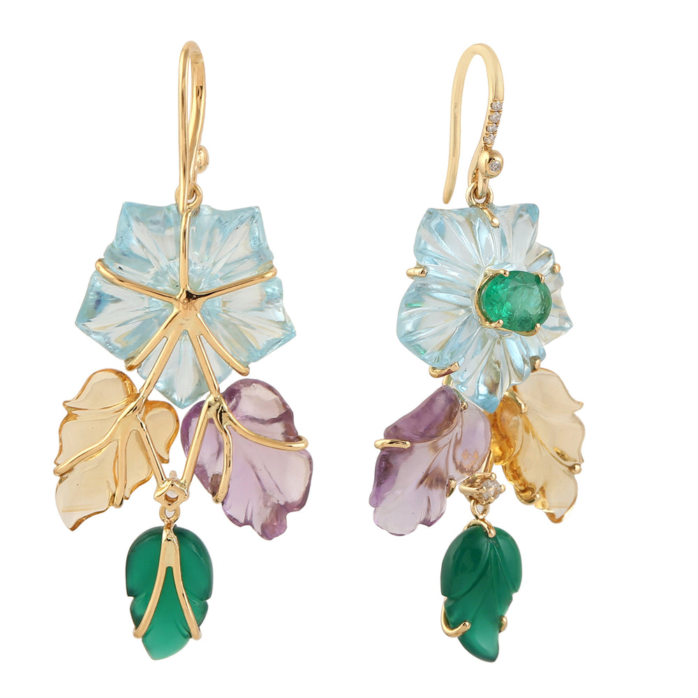 Hand Carved Mix Stone Emerald Sapphire Diamond Leaf Floral 18k Yellow Gold Danglers