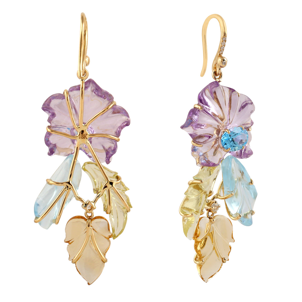 Hand carved Mix stone Topaz Sapphire Diamond Leaf Floral Danglers 18k Yellow Gold