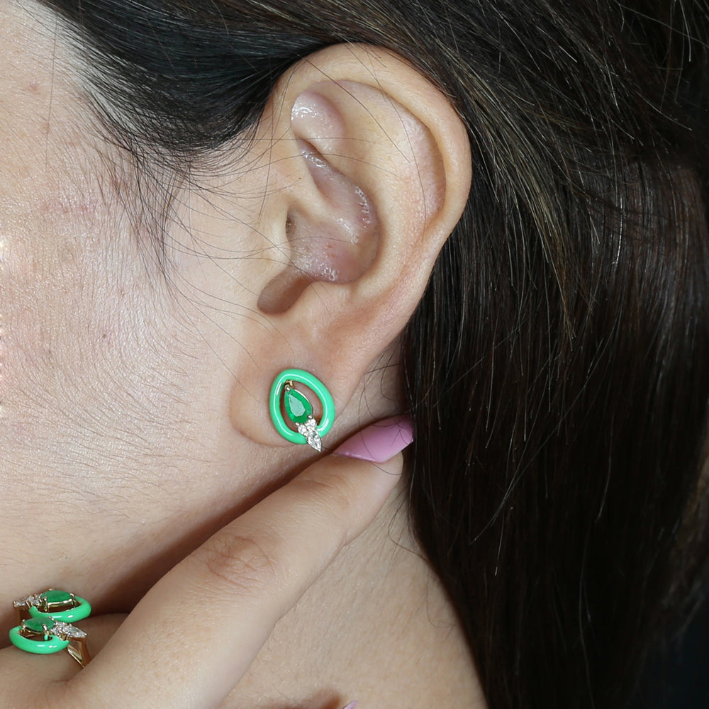 Pear Emerald Enamel Stud Earrings with Pave Diamonds in 18K Yellow Gold – Elegant Women’s Fine Jewelry