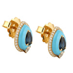 18k Yellow Gold Blue Sapphire Pave Daimaond Leaf Stud Earrings Jewelry