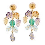 18k Yellow Gold Carved Leaf Gemstone Dangle Earrings Handmade Jewelry Gift