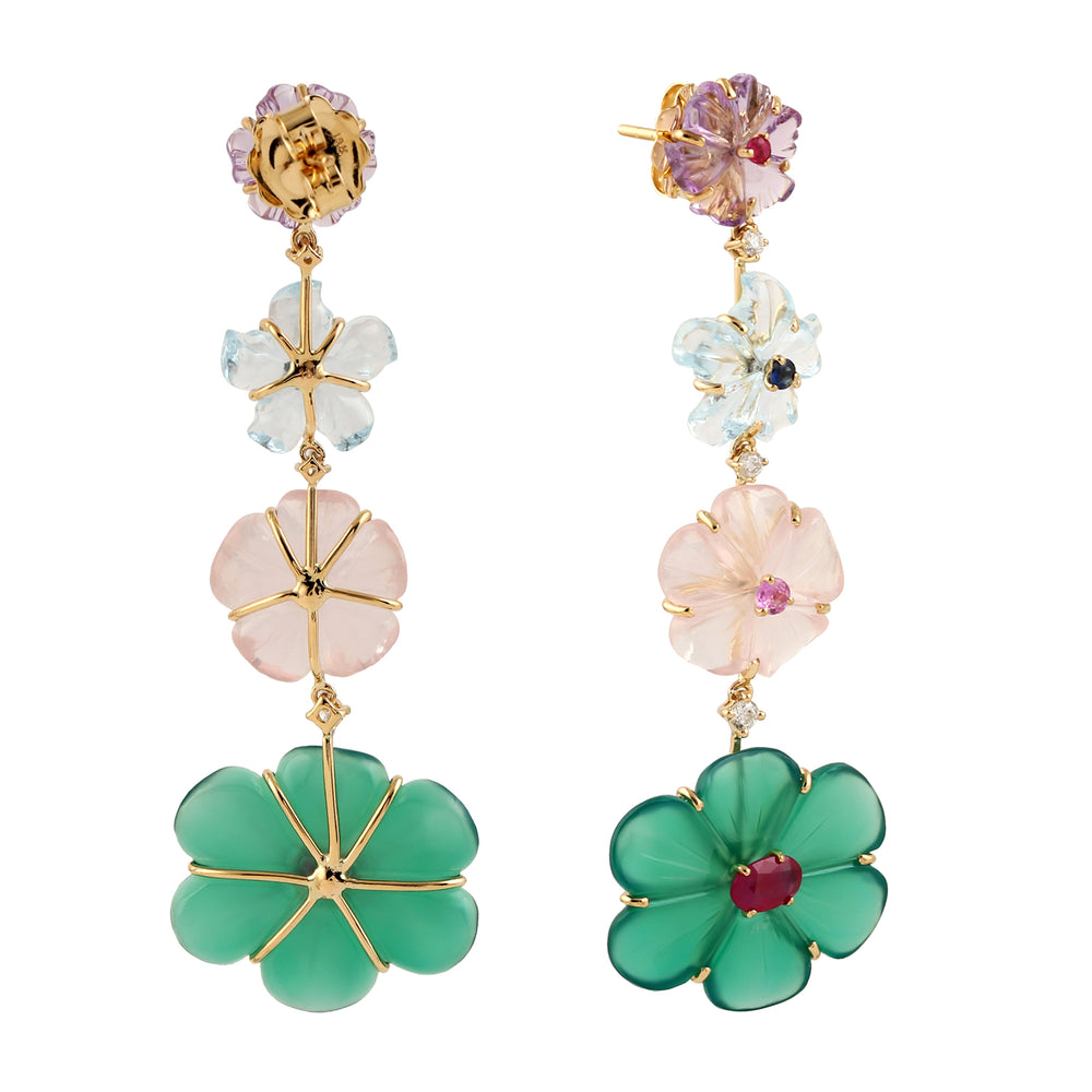 18k Yellow Gold Carved Flower Gemstone Dangle Earrings Women's Jewelry