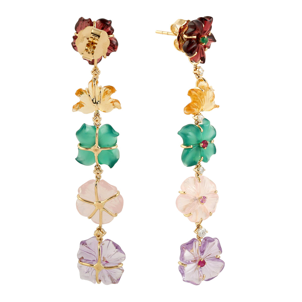 18k Yellow Gold Flower Carving Gemstone Dangle Earrings Handmade Jewelry Gift