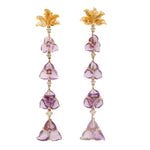 Carved Flower Amethyst Dangle Earrings 18k Yellow Gold Handmade Jewelry