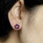 Round Amethyst February Birthstone Prong Diamond Flower Earrings 18K Solid Gold Jewelry