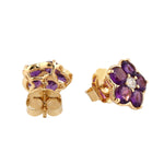 Round Amethyst February Birthstone Prong Diamond Flower Earrings 18K Solid Gold Jewelry