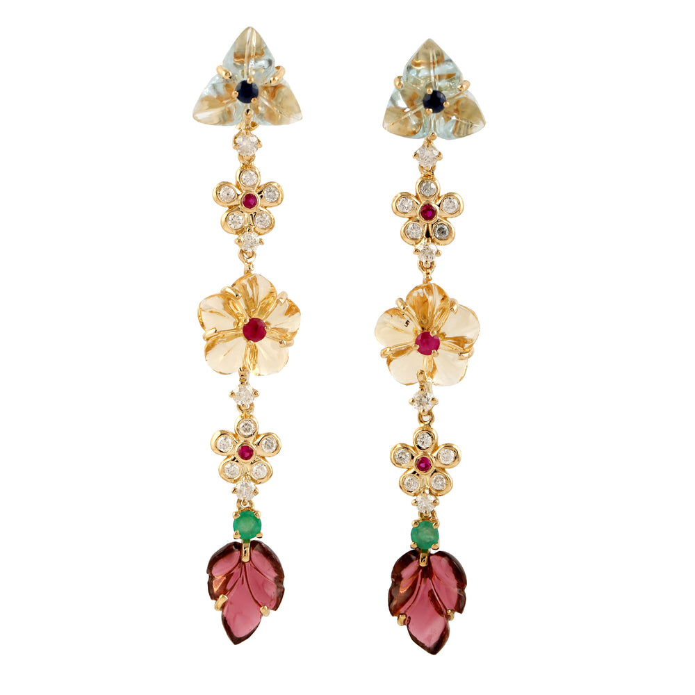 18k Yellow Gold Carved Flower Gemstone Dangle Earrings Women Jewelry For Gift