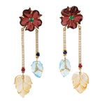 18k Yellow Gold Flower Dangle Earrings Emerald Sapphire Gemstone Jewelry