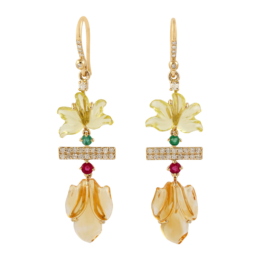 Designer Flower Dangle Earrings Gemstone 18k Yellow Gold Earrings Jewelry