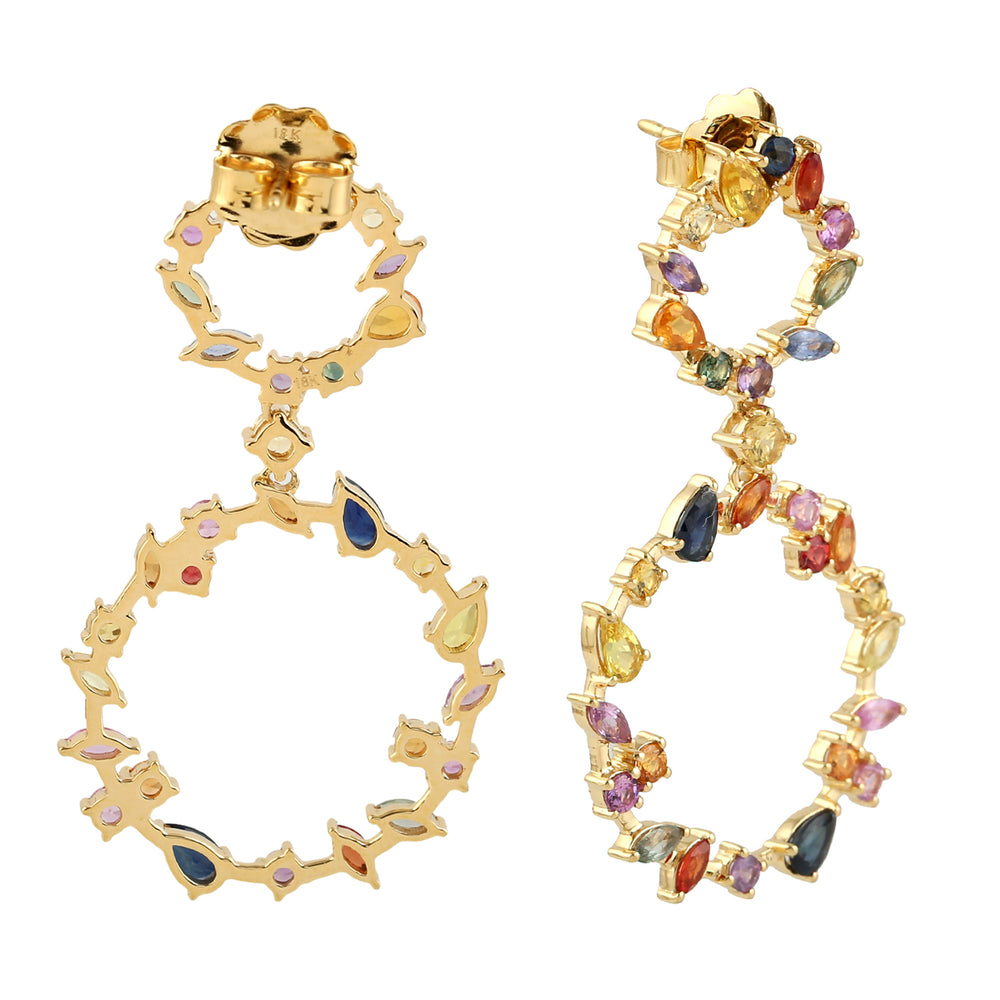 18k Yellow Gold Multi Sapphire Gemstone Dangle Earrings Handmade Jewelry