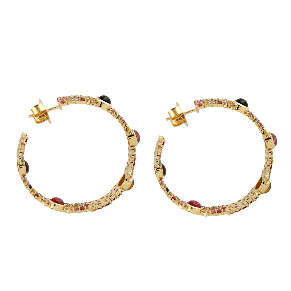 Multi Tourmaline & Sapphire Gemstone Long Hoop Earrings In 14k Yellow Gold