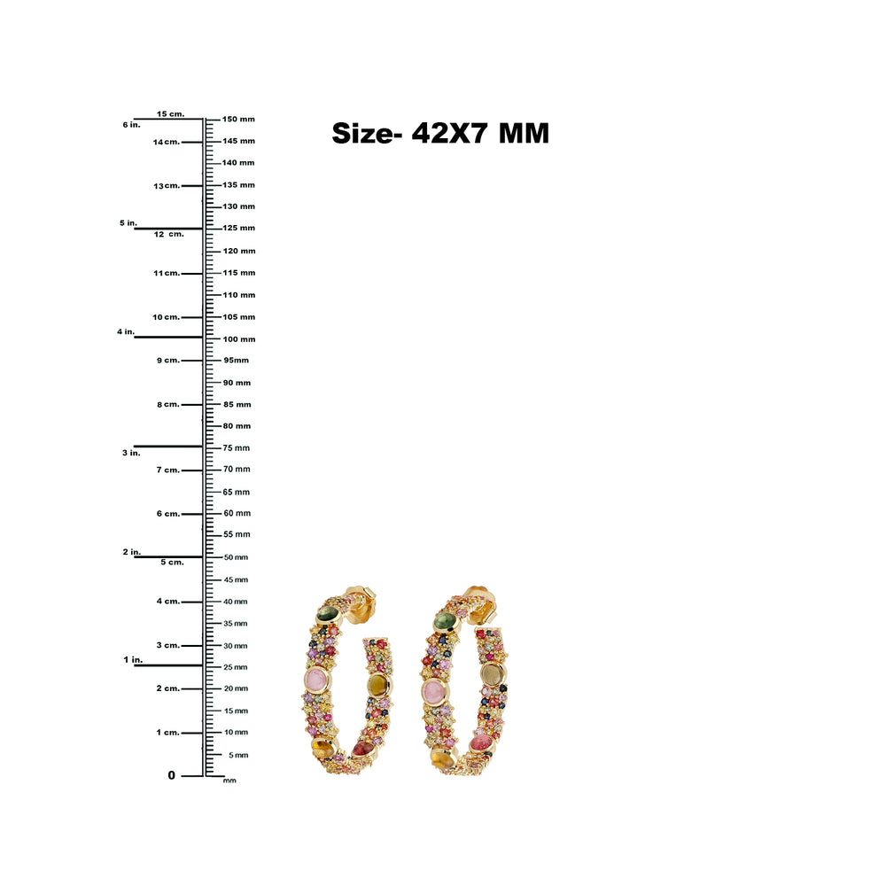Multi Tourmaline & Sapphire Gemstone Long Hoop Earrings In 14k Yellow Gold