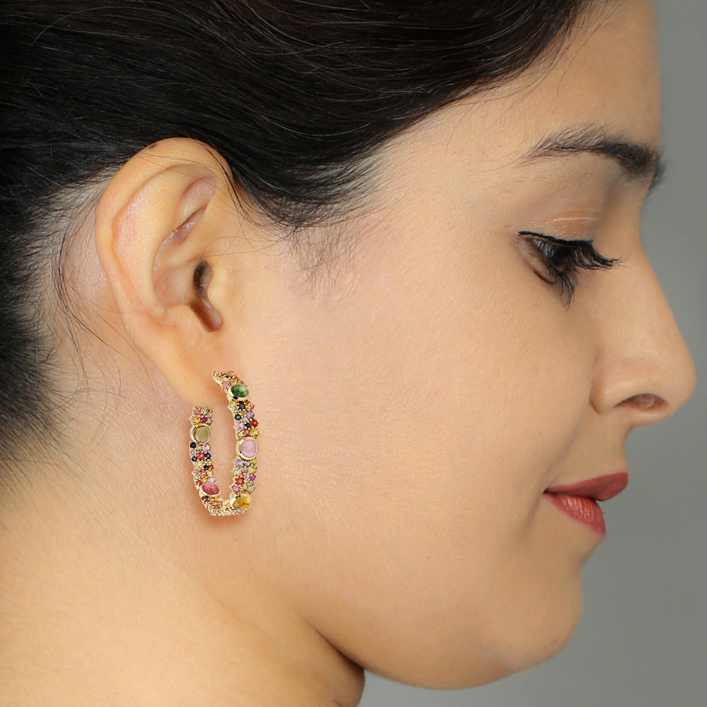 Multi Tourmaline & Sapphire Gemstone Long Hoop Earrings In 14k Yellow Gold