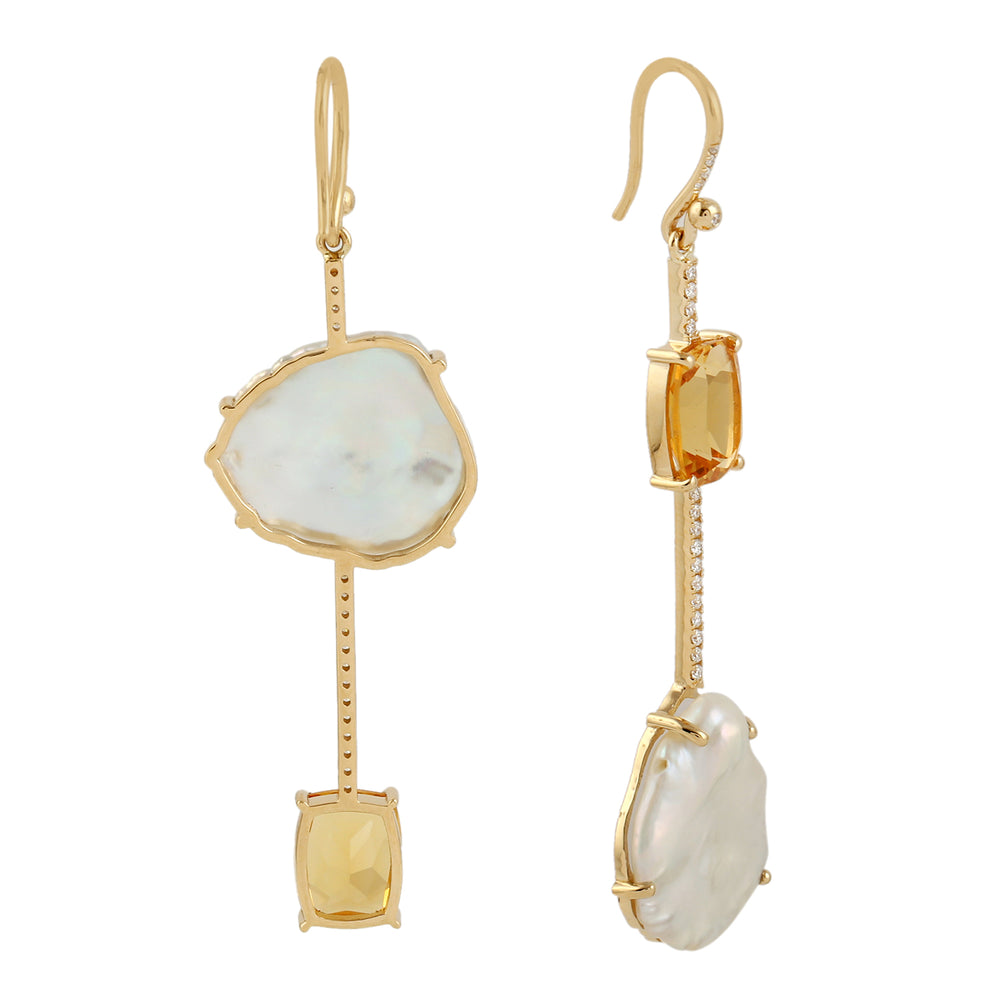 Pearl Chinses Prong Citrine Gemstone Pave Diamond Ear Hook Earrings In Gold