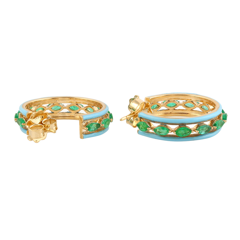 Marquise Cut Emerald Enamel Hoop Earrings in 18K Yellow Gold – Elegant Gemstone Jewelry for Her