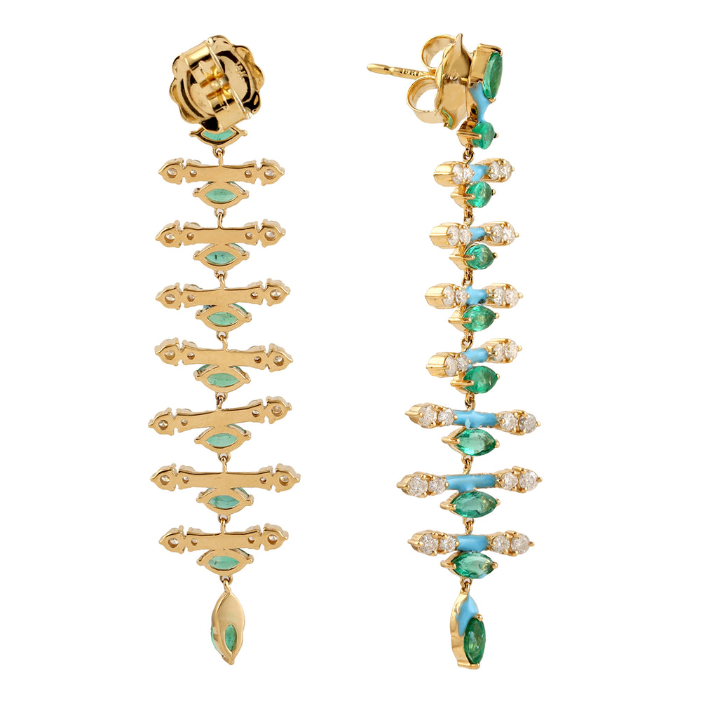 Marquise Emerald Long Enamel Chandelier Earrings with Pave Diamonds in 18K Gold – Statement Jewelry for Her