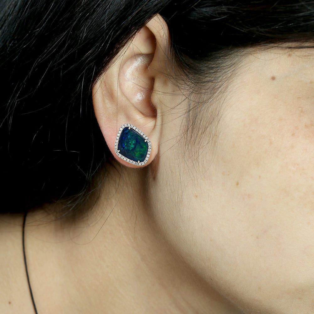 Blue Opal & Diamond Halo Stud Earrings in 18K White Gold