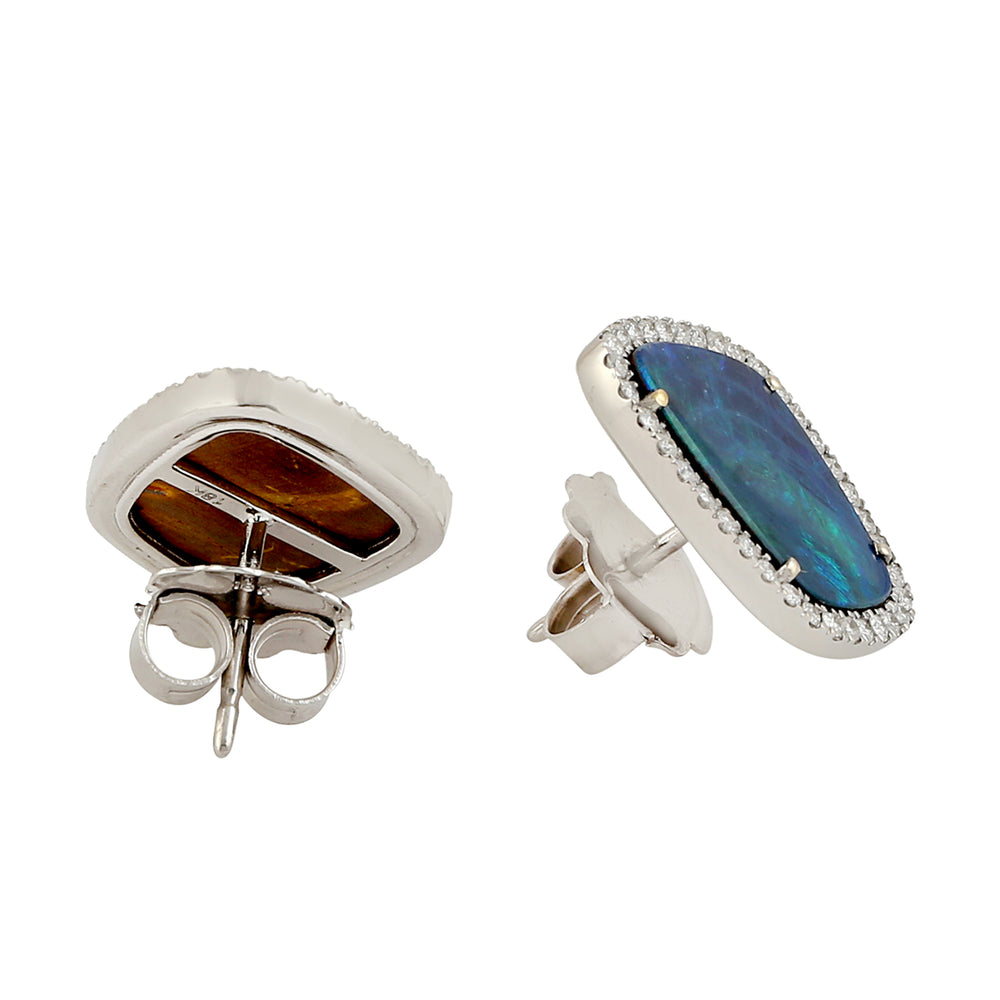 Blue Opal & Diamond Halo Stud Earrings in 18K White Gold