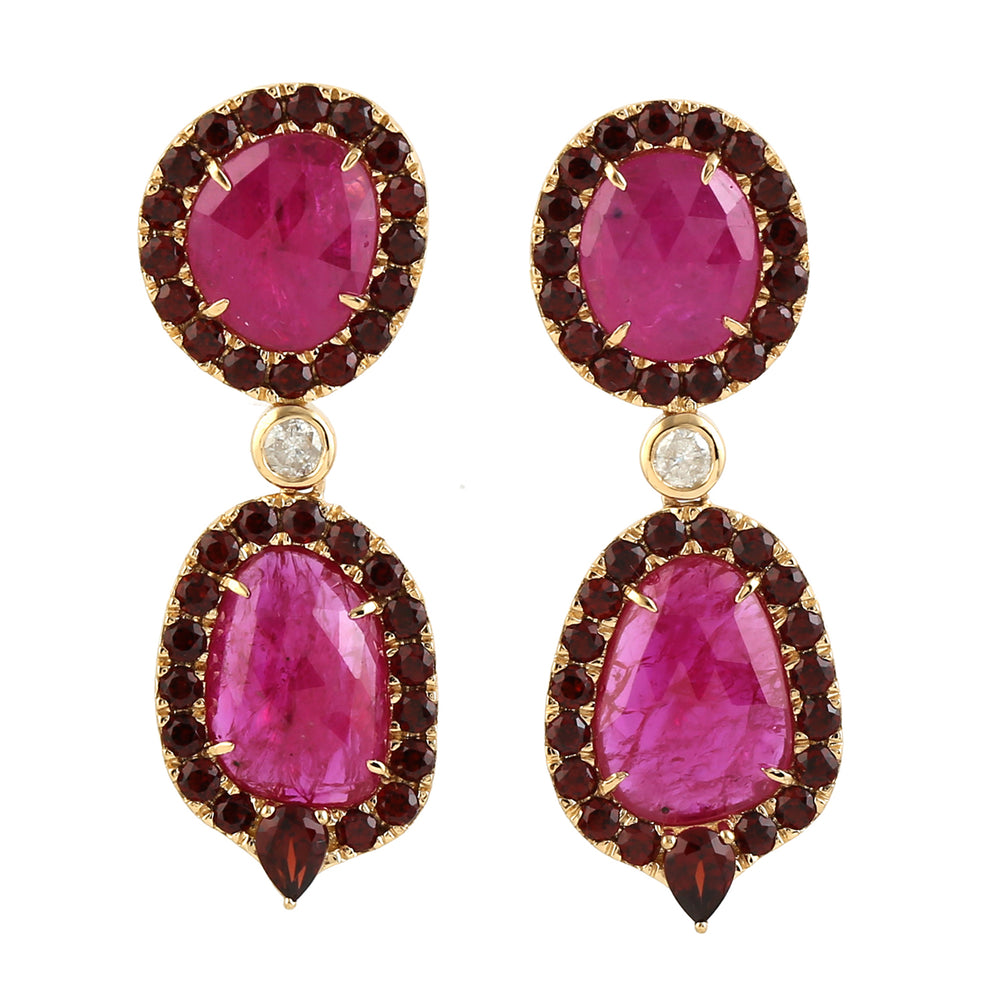 Ruby & Garnet Double-Drop Halo Earrings in 18K Yellow Gold