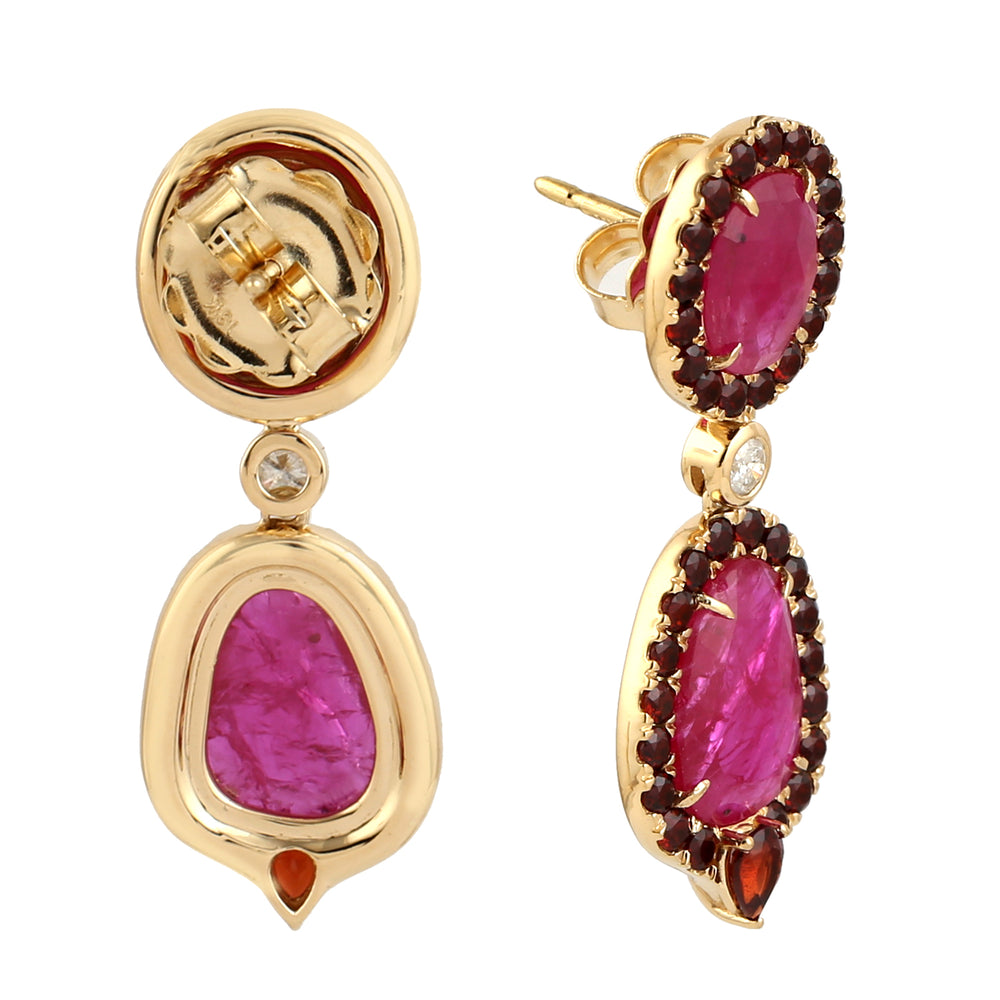 Ruby & Garnet Double-Drop Halo Earrings in 18K Yellow Gold