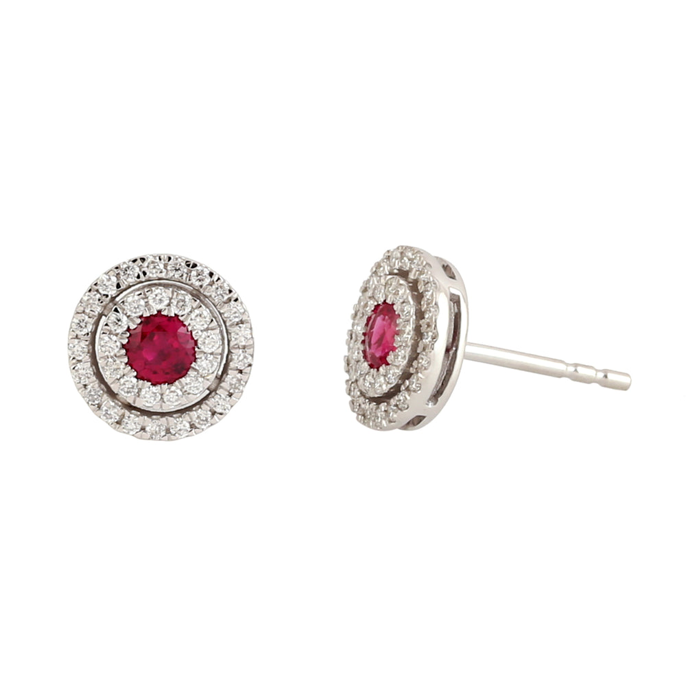 Ruby Pave Diamond Stud Earrings in 18k White Gold – Double Stud Without Push Backs