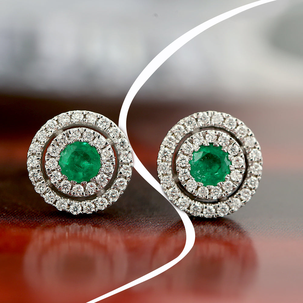 Emerald Pave Diamond Halo Stud Earrings in 18k White Gold – Without Push