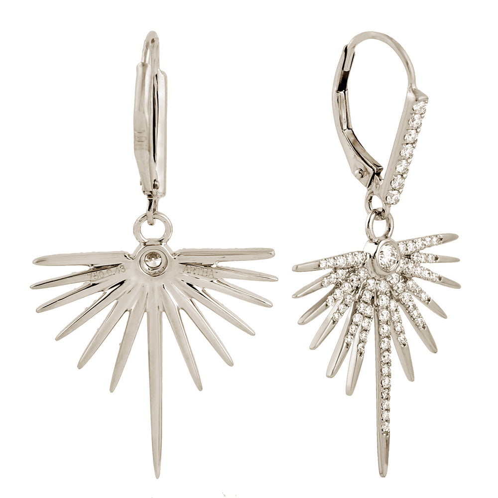 18K White Gold Pave Diamond Starburst Dangler Lever Back Earrings