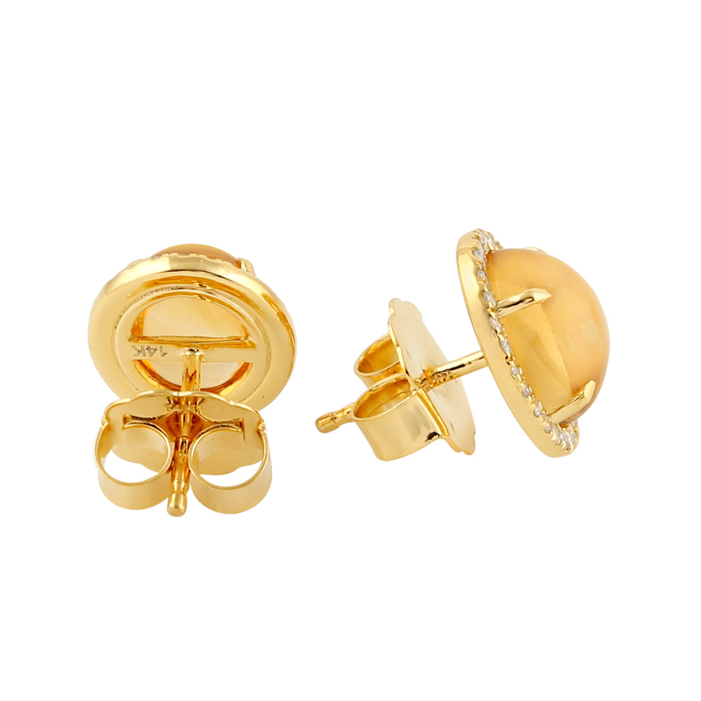 Oval Cut Citrine Gemstone Stud Earrings Pave Diamond In 14k Yellow Gold