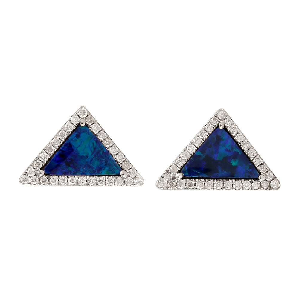 18k White Gold Studded Natural Diamond Precious Opal Trilliant Stud Earrings Minimal Jewelry For Her