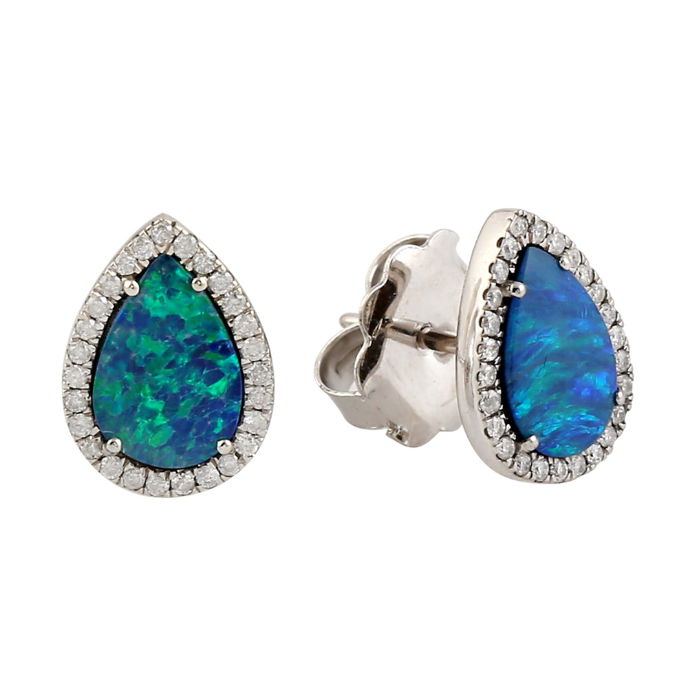 Doublet Opal Studded Pave Diamond Tear Drop Stud Earrings Minimal Jewelry In 18k White Gold