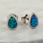 Doublet Opal Studded Pave Diamond Tear Drop Stud Earrings Minimal Jewelry In 18k White Gold