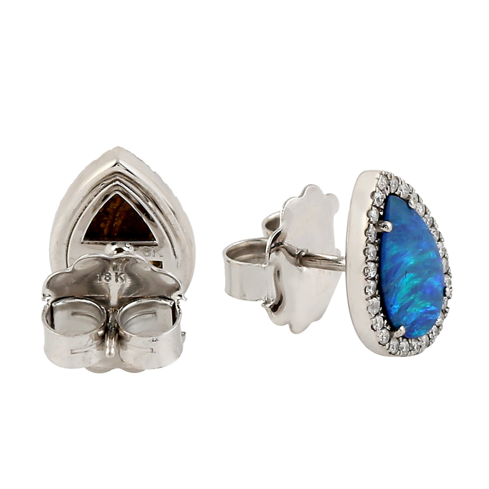 Doublet Opal Studded Pave Diamond Tear Drop Earrings In 18k White Gold