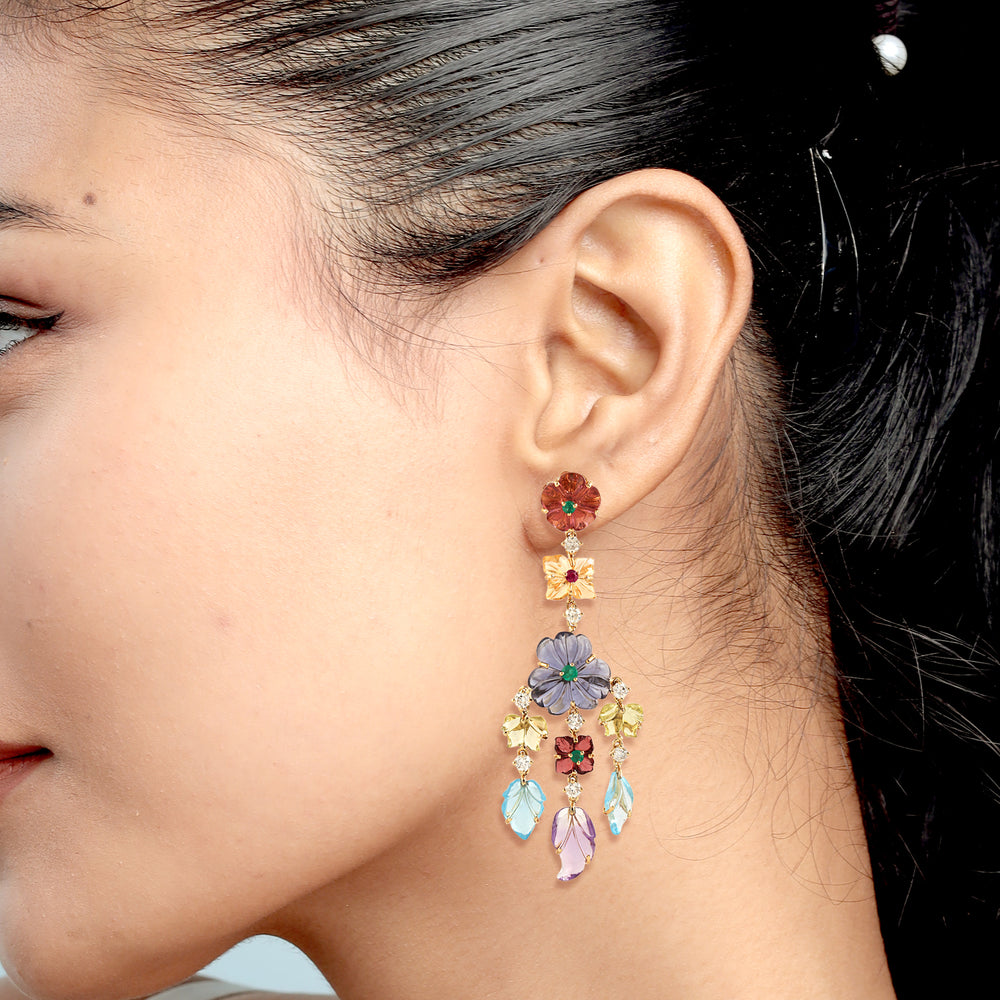 Carved Ruby Tourmaline Multiple Gemstone Flower Dangle Earrings In Yellow Gold