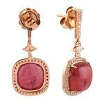 Cabochon Pink Tourmaline Pave Diamond Drop Dangle Earrings in 18k Rose Gold