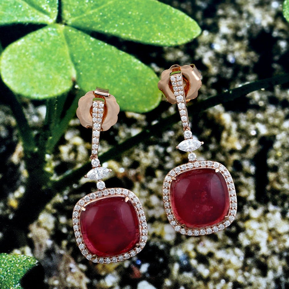 Cushion Pink Tourmaline Gemstone Pave Diamond Dangle Earrings in 18k Rose Gold