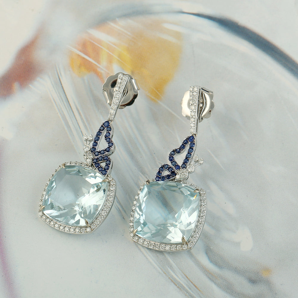 Cushion Aquamarine Blue Sapphire Gemstone Pave Diamond Butterfly Dangler In White Gold