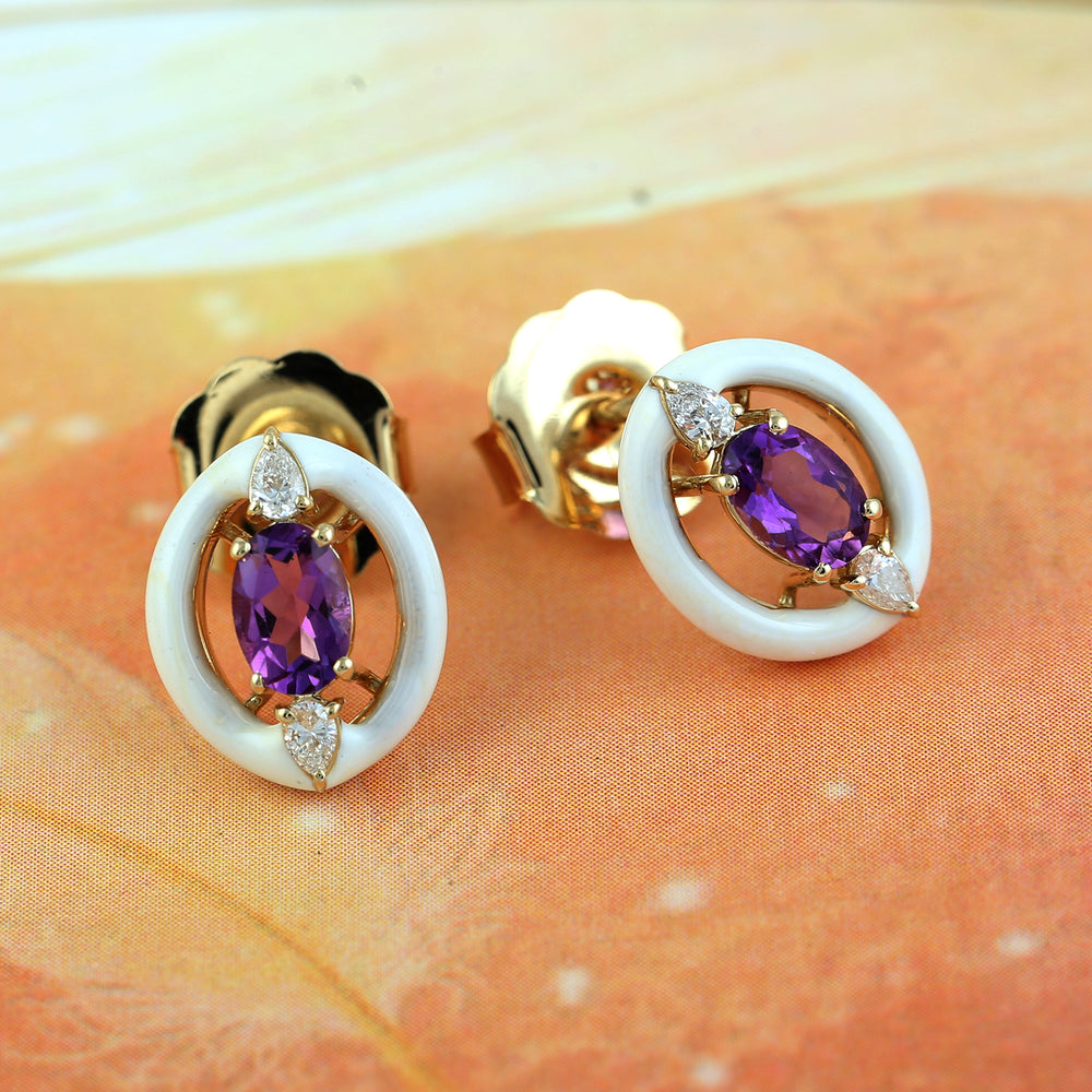Oval Cut Amethyst Rose Cut Diamond Enamel Stud Earrings In 14k Yellow Gold