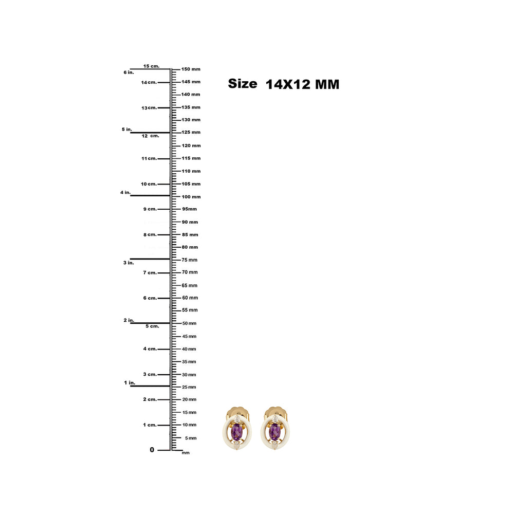 Oval Cut Amethyst Rose Cut Diamond Enamel Stud Earrings In 14k Yellow Gold