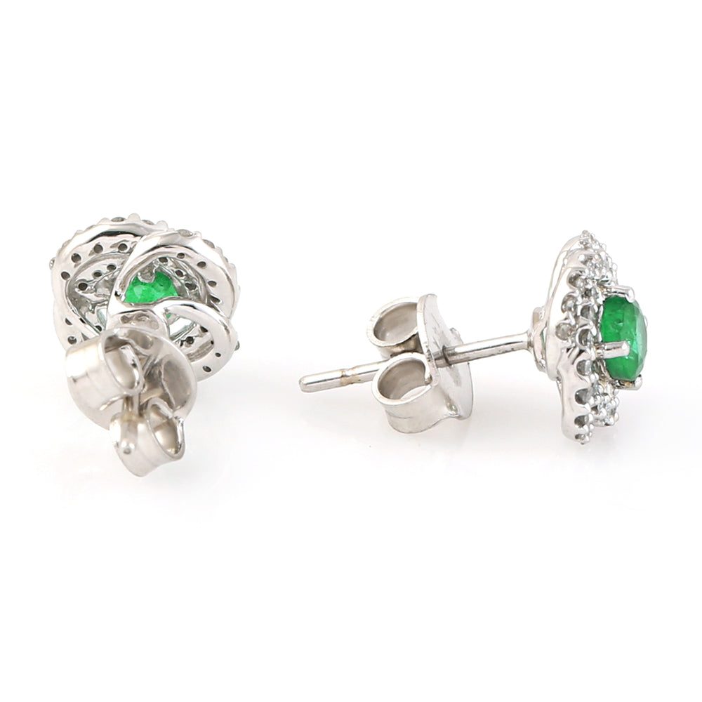 Round Emerald Pave Diamond Halo Stud Earrings In 14k White Gold For Her