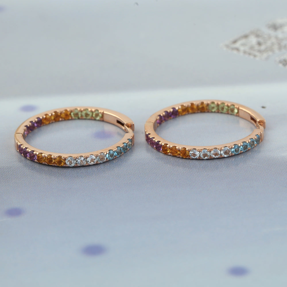 Blue Topaz Amethyst Multi Gemstone Designer Hoop Earrings In Rose Gold