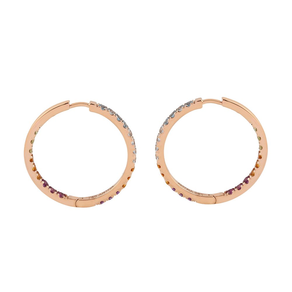Blue Topaz Amethyst Multi Gemstone Designer Hoop Earrings In Rose Gold