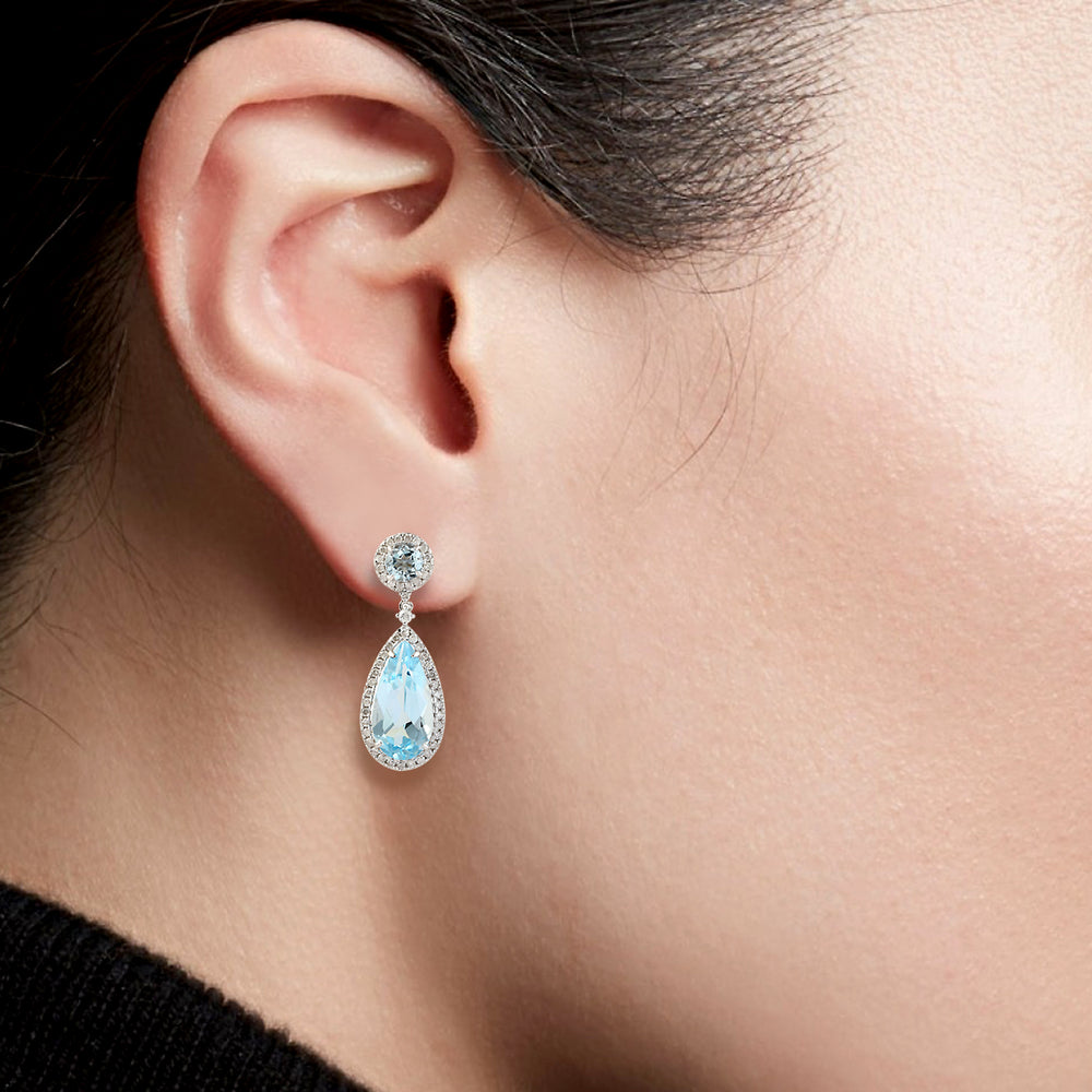 Natural Pear Cut Blue Topaz Studded Diamond Drop Dangle Earrings in 18k White Gold