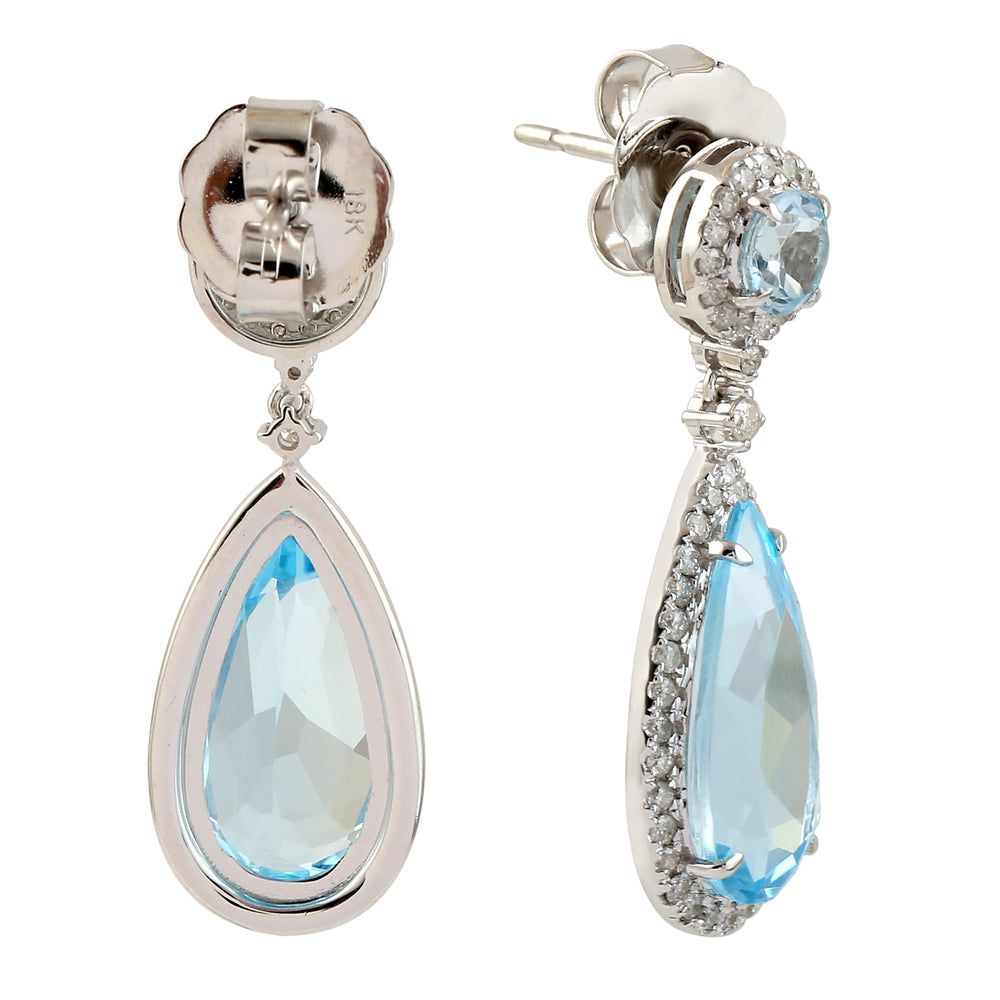 Natural Pear Cut Blue Topaz Studded Diamond Drop Dangle Earrings in 18k White Gold