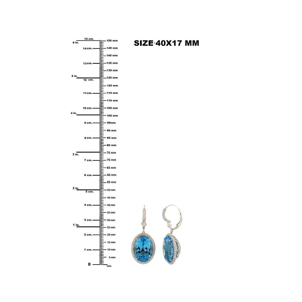 Oval Blue Topaz Danglers with Pave Diamonds in 18k White Gold – Lever Back Earrings