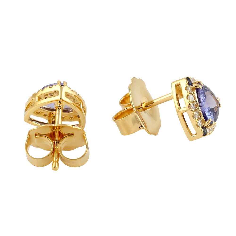 Tanzanite Blue Sapphire Pave Diamond Trillion Stud Earrings In 14k Yellow Gold