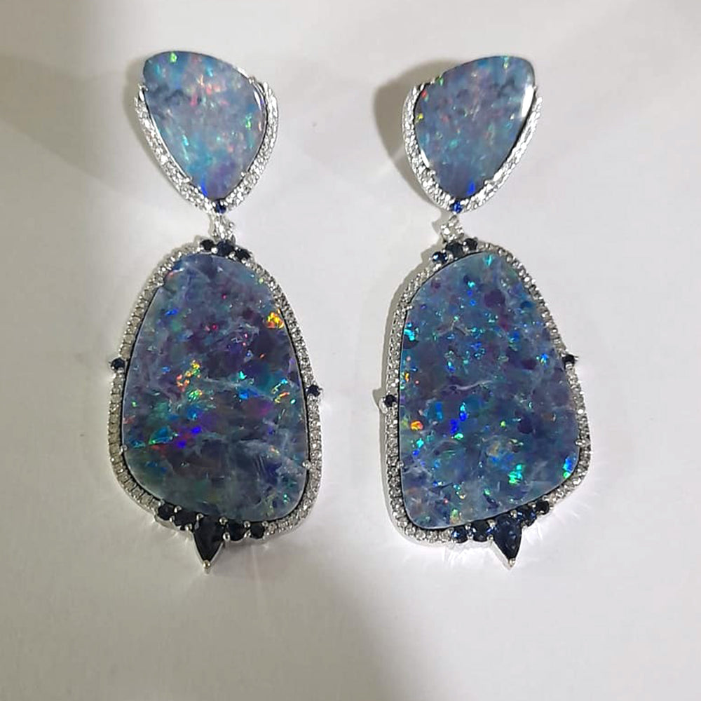 Opal Doublet Blue Sapphire Pave Diamond In 18K White Gold Designer Dangle Earrings Jewelry