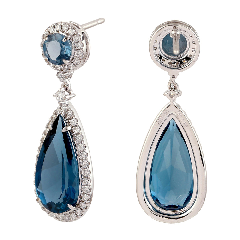 Pear Drop Blue Topaz Diamond Danglers In 18k White Gold Fior Women